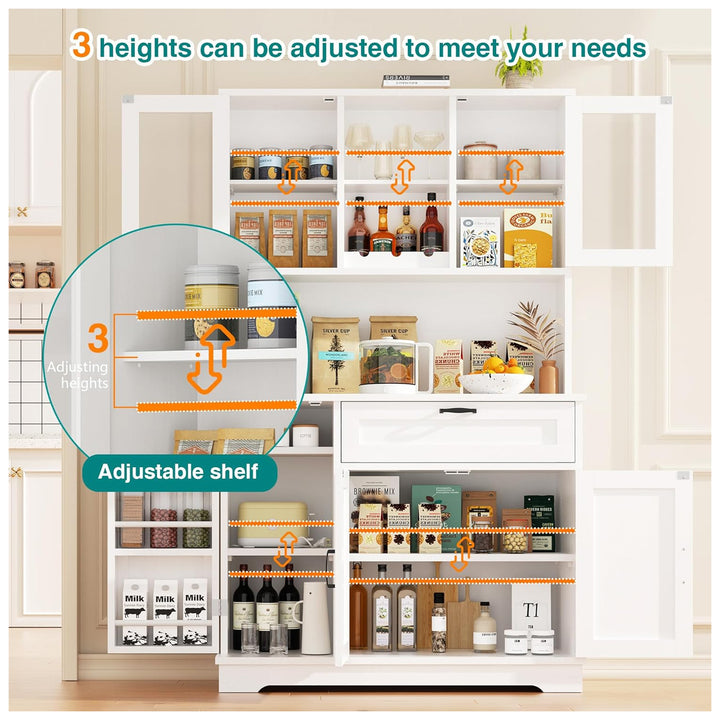Vongrasig Tall Kitchen Pantry Cabinet with Hutch, Drawer and Shelves (Open Box)