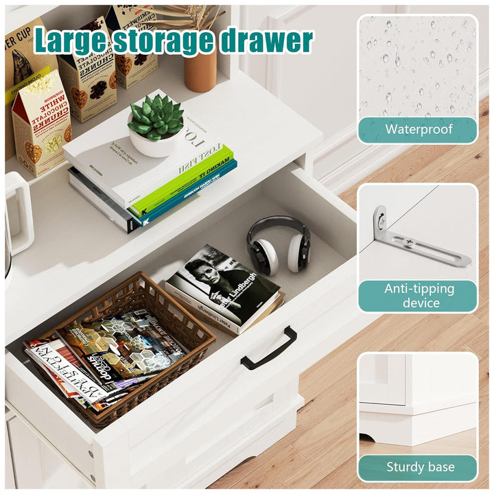 Vongrasig Kitchen Pantry Cabinet w/Hutch, Drawer & Shelves, White(For Parts)