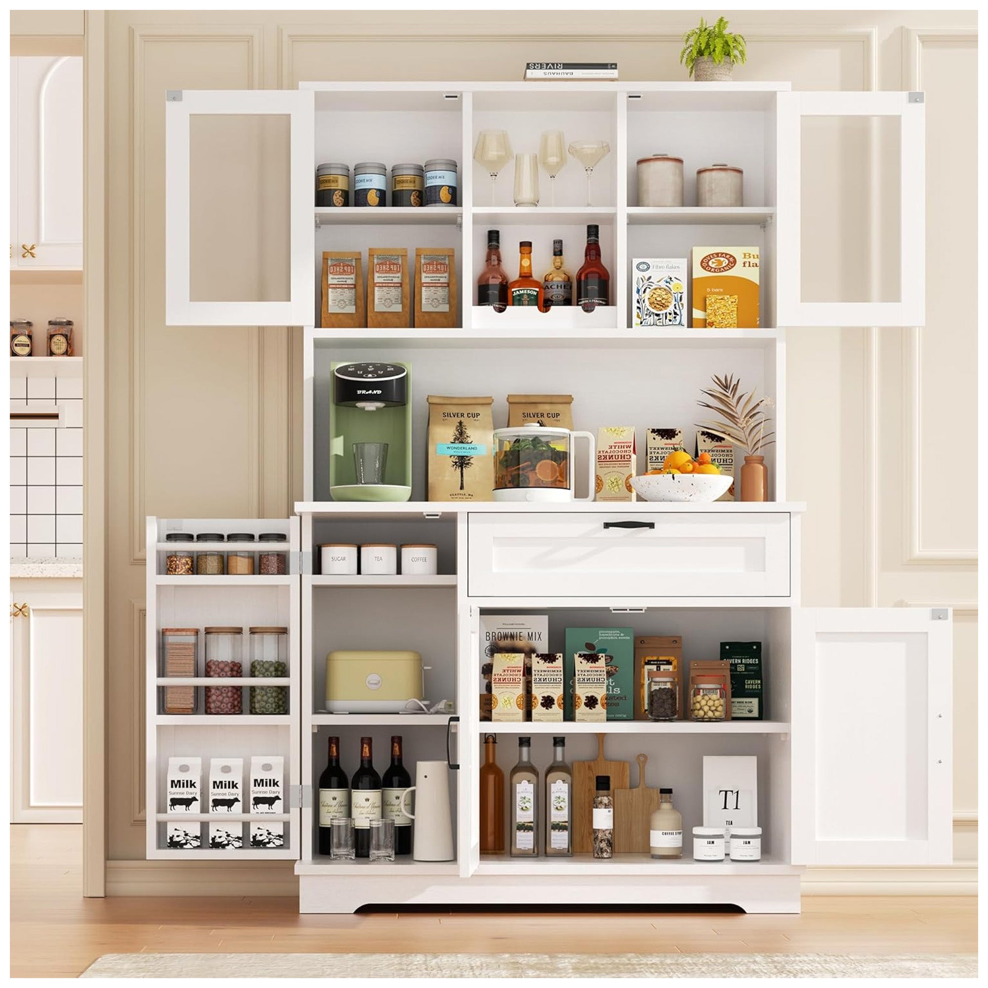 Vongrasig Kitchen Pantry Cabinet w/Hutch, Drawer & Shelves, White(For Parts) - VMInnovations