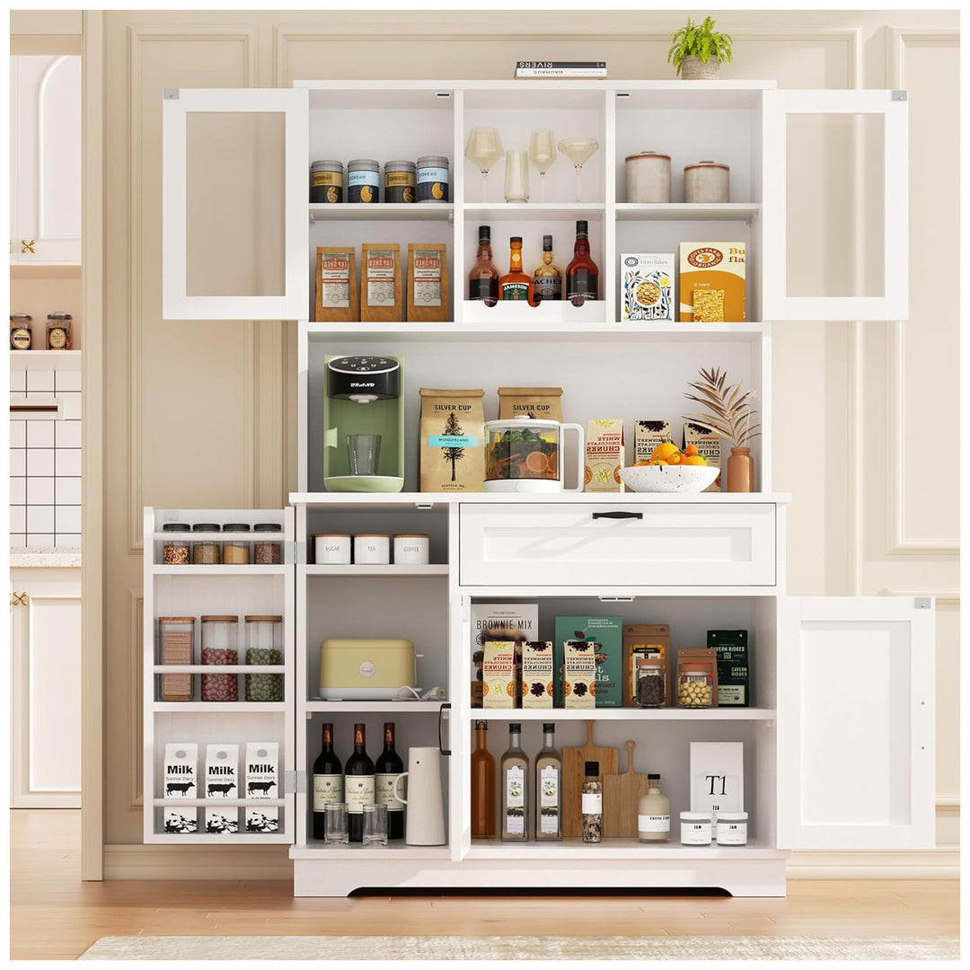 Vongrasig Kitchen Pantry Cabinet w/Hutch, Drawer & Shelves, White(For Parts)