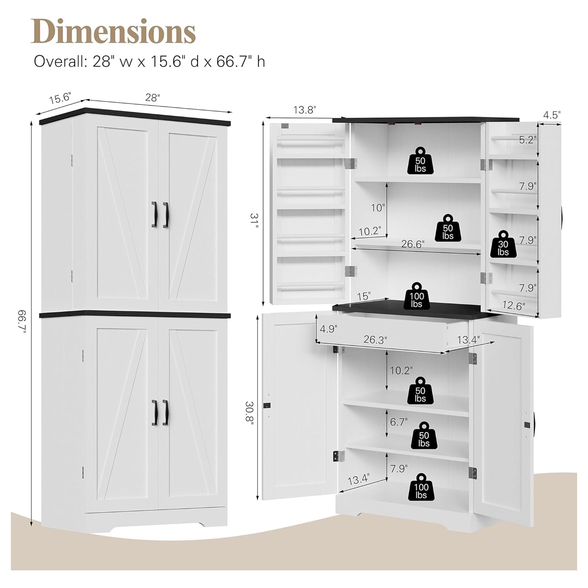 Vongrasig 6-Tier Kitchen Pantry Cabinet w/Barn Doors, Drawer & Shelves (Used) - VMInnovations