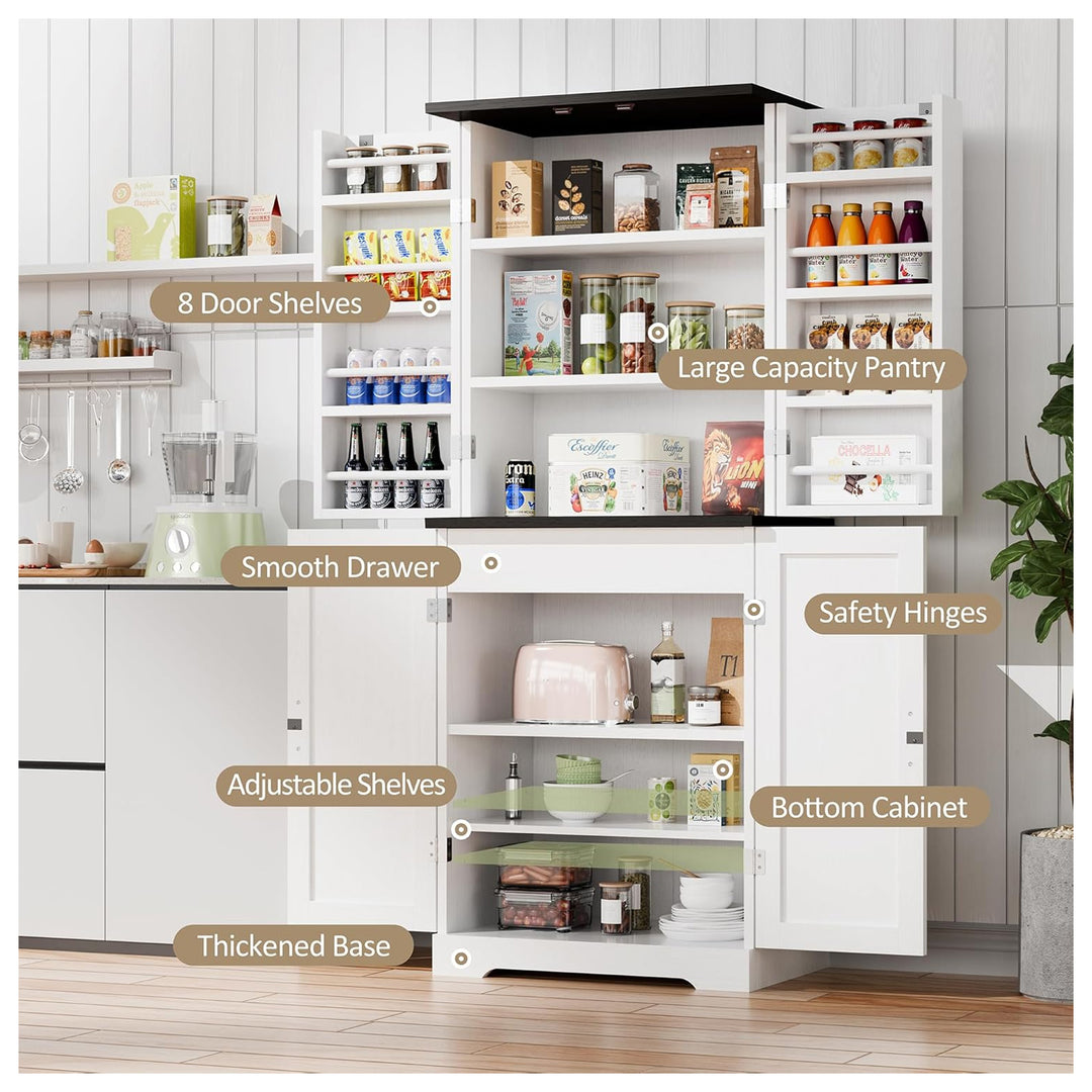 Vongrasig 6-Tier Kitchen Pantry Cabinet w/Barn Doors, Drawer & Shelves (Used) - VMInnovations