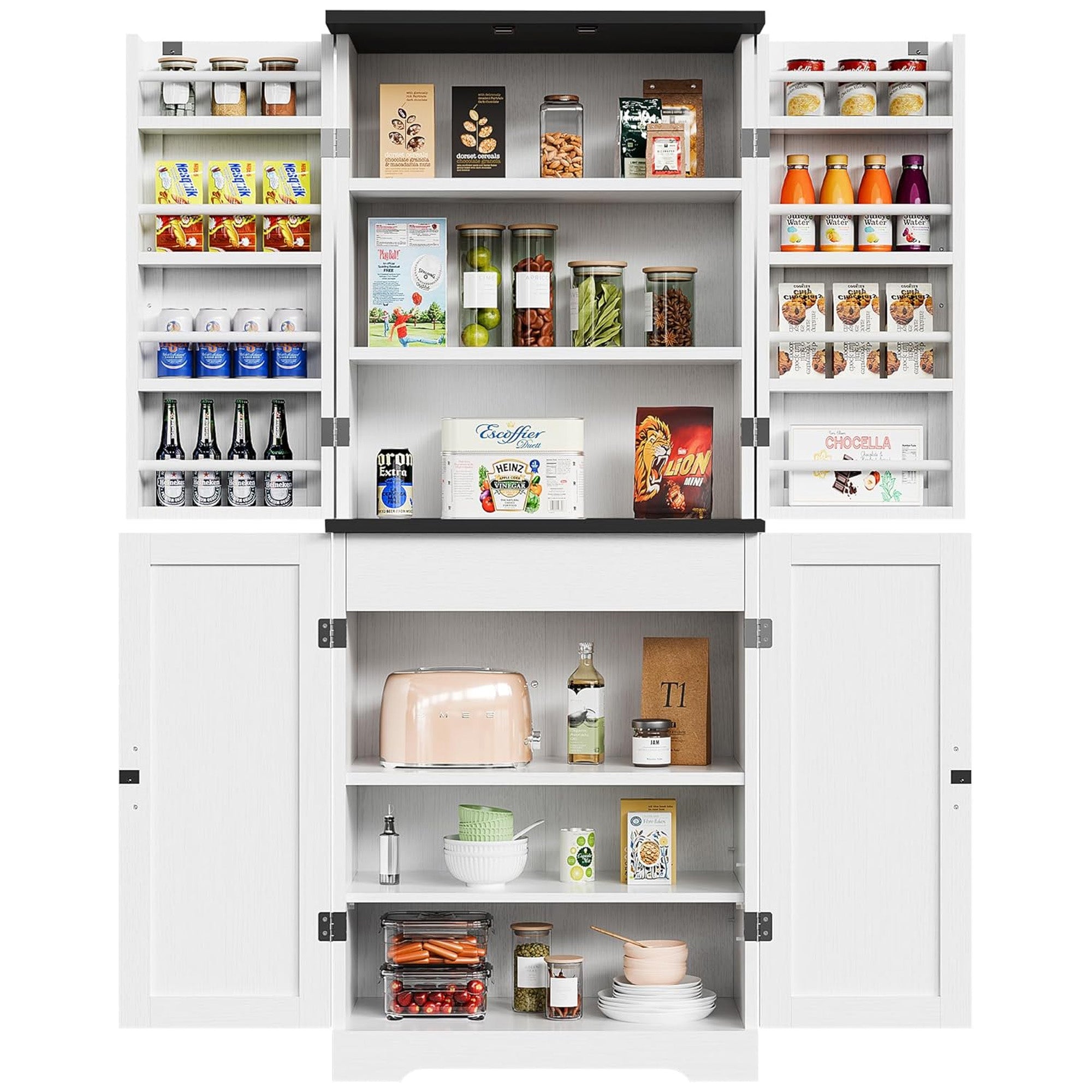 Vongrasig 6-Tier Kitchen Pantry Cabinet w/Barn Doors, Drawer & Shelves (Used) - VMInnovations