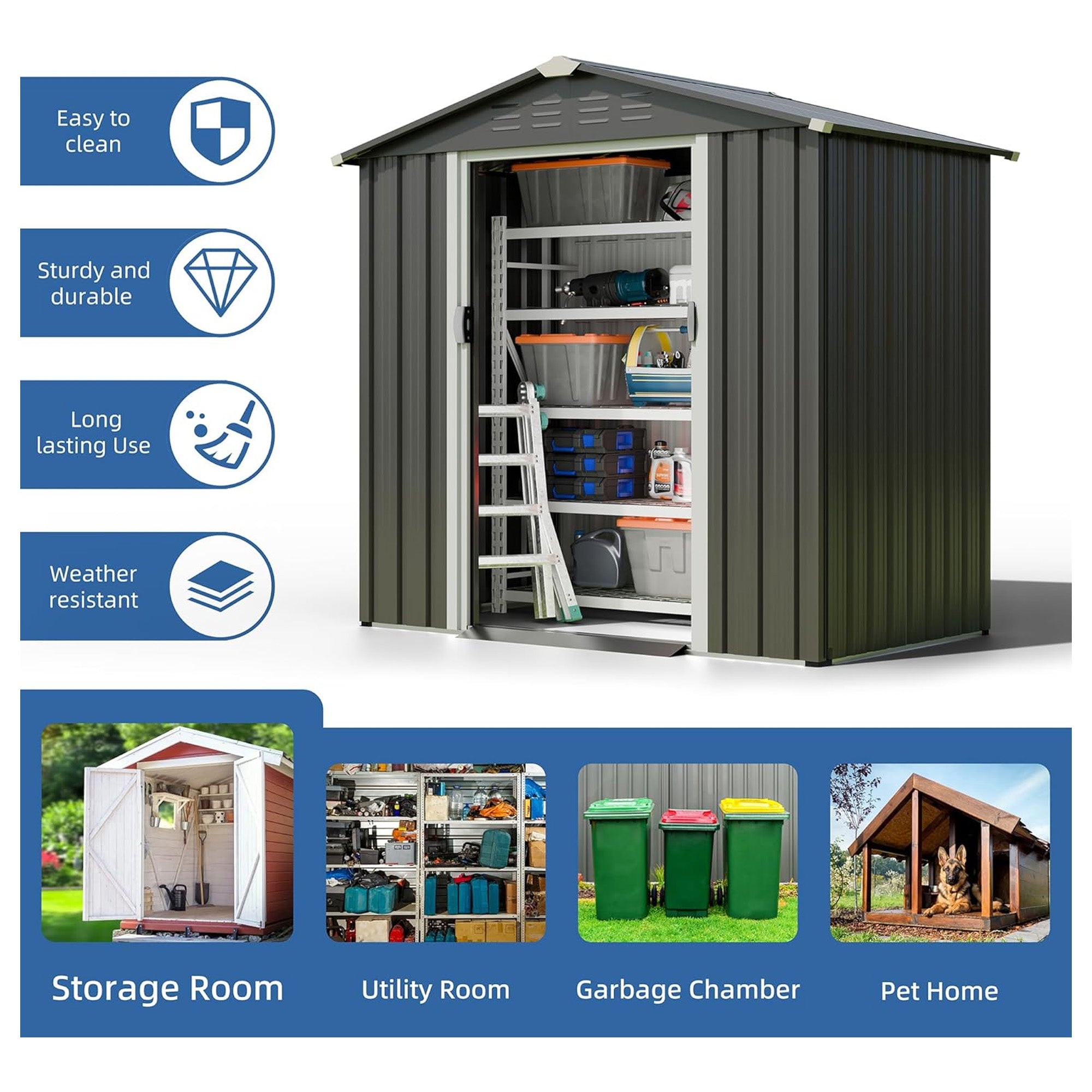 JYQAQA 6x4 FT Outdoor Storage Shed, Tool Shed w/Lockable Door, Gray(For Parts)