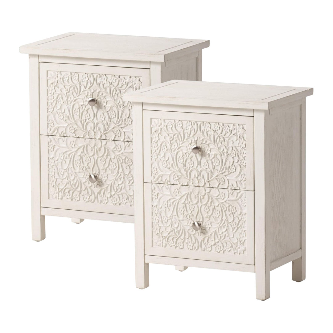 COZAYH Farmhouse 2 Drawer Bedroom Nightstand w/ Embossed Flower Motif, Set of 2