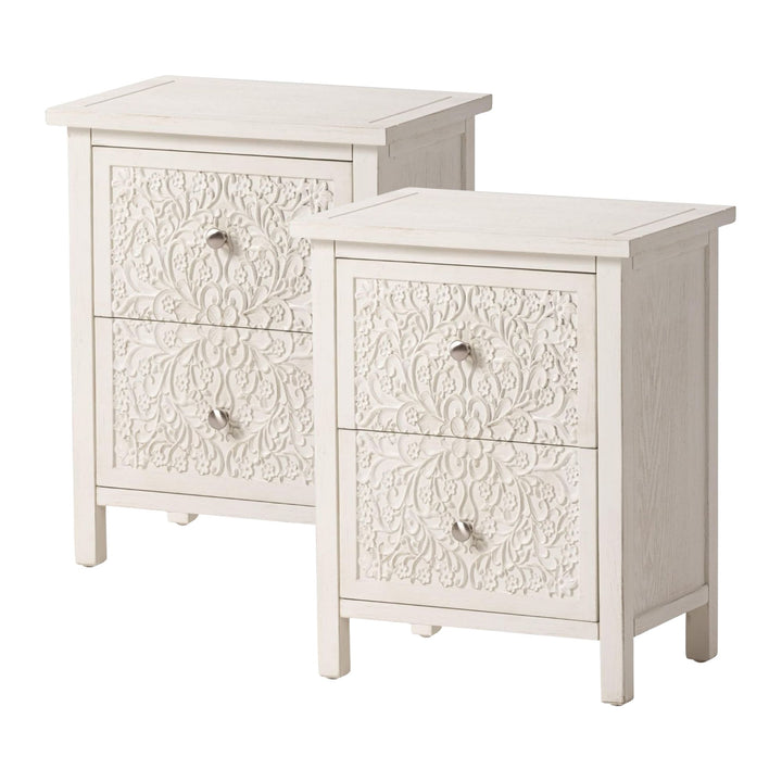 COZAYH Farmhouse 2 Drawer Bedroom Nightstand w/ Embossed Flower Motif, Set of 2
