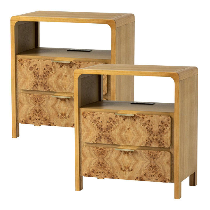 COZAYH Farmhouse 2 Drawer Bed Nightstand with Charging Station, Wood, Set of 2