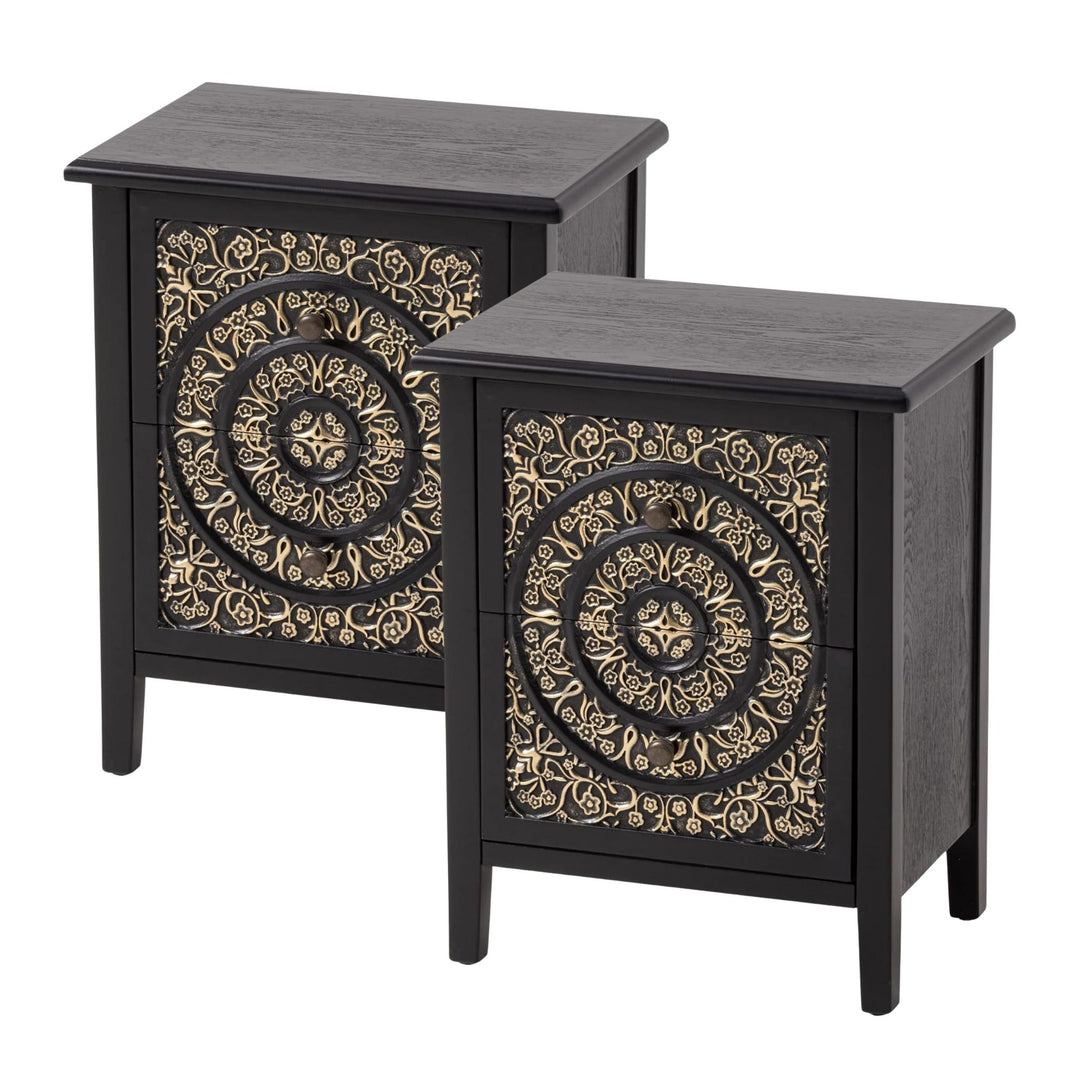 COZAYH Farmhouse 2 Drawer Bedroom Nightstand w/ Embossed Flower Motif, Set of 2