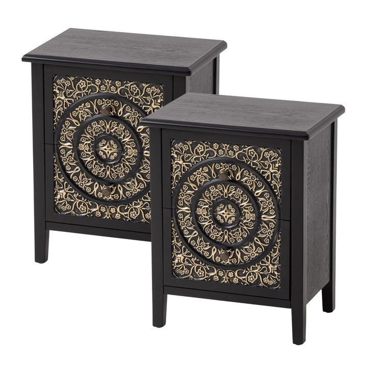 COZAYH Farmhouse 2 Drawer Bedroom Nightstand w/ Embossed Flower Motif, Set of 2