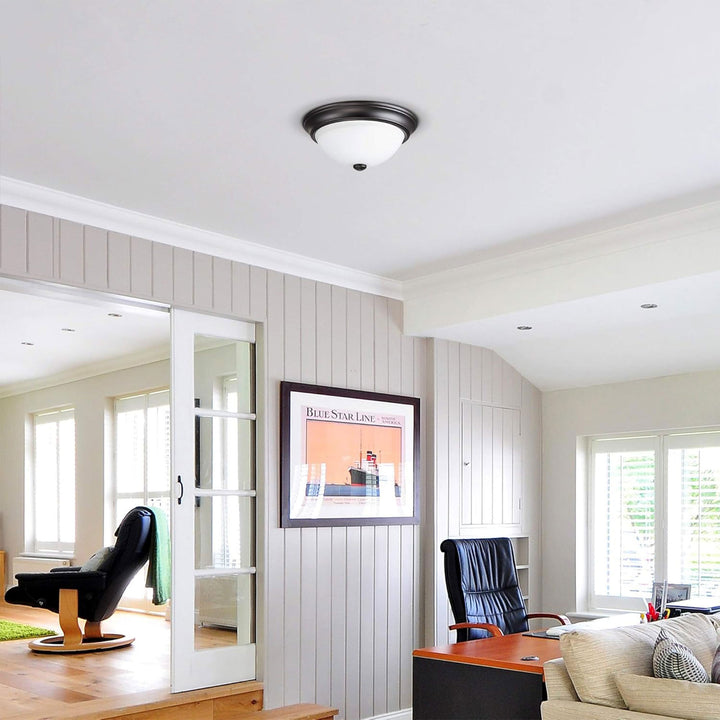 Portage Bay 11 Inch Flush Mount Ceiling Fixture Alabaster Glass Lighting, Bronze - VMInnovations