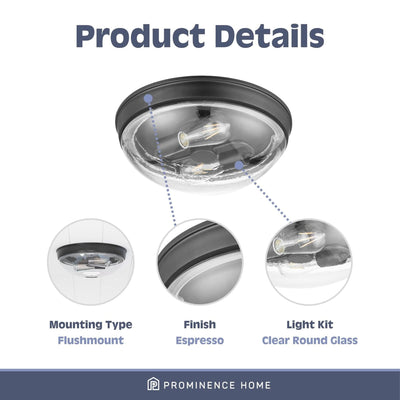 Prominence Home 2 Pack Madalyn 13" Flush Mount Ceiling Light Clear Glass, Bronze - VMInnovations