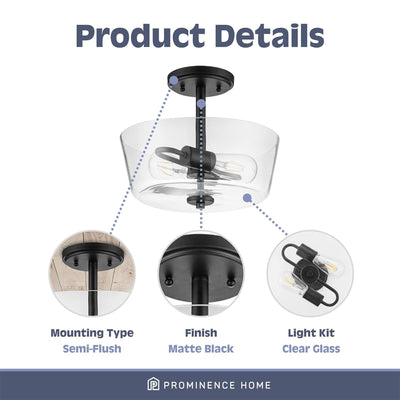 Prominence Home 2 Light Ceiling Fixture Clear Glass Lighting Viktoria(Open Box) - VMInnovations