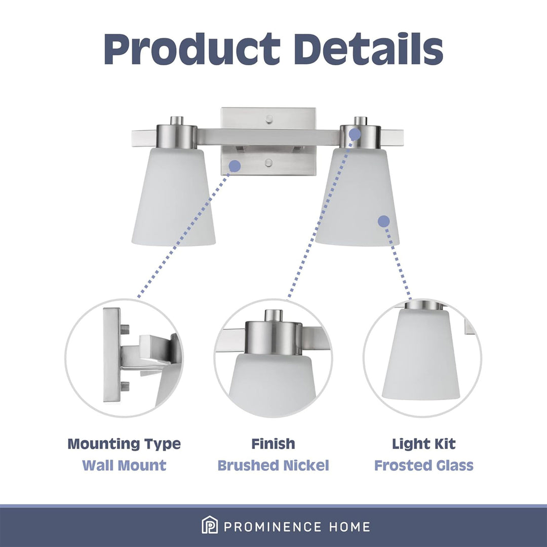 Prominence Home 2 Light Modern Bathroom Vanity Light, Frosted Glass, Nickel