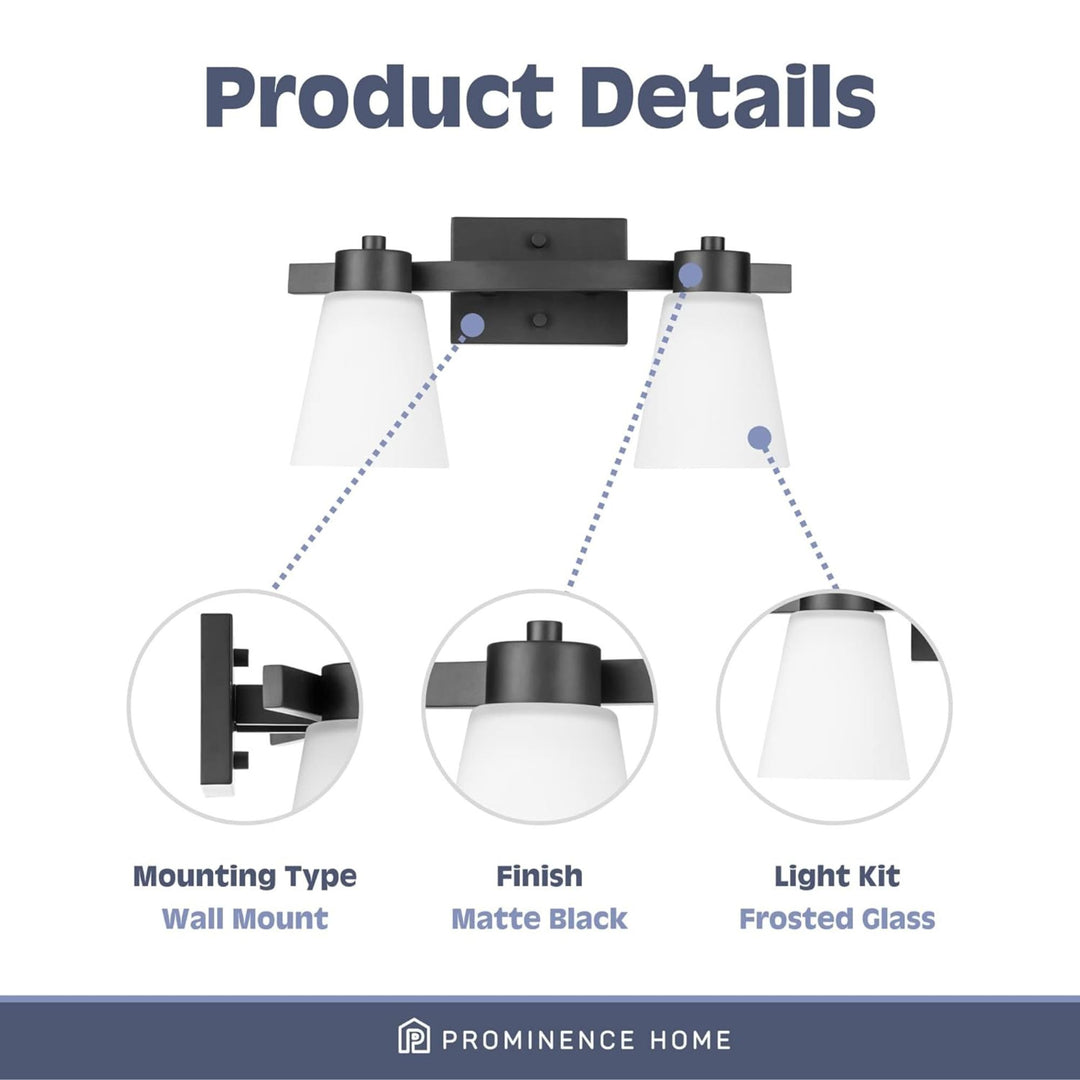 Prominence Home 2 Light Modern Bathroom Vanity Light, Frosted Glass, Matte Black