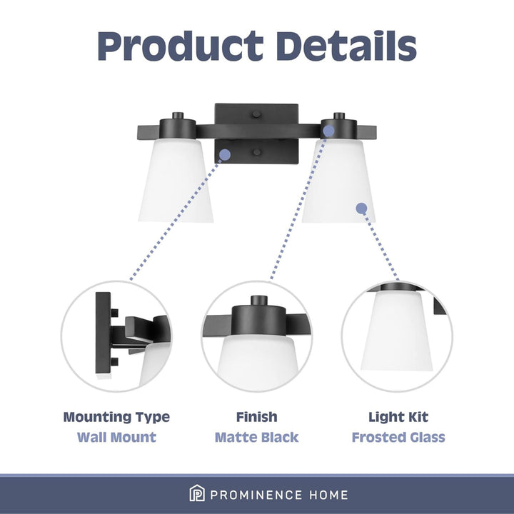 Prominence Home 2 Light Modern Bathroom Vanity Light, Frosted Glass, Matte Black