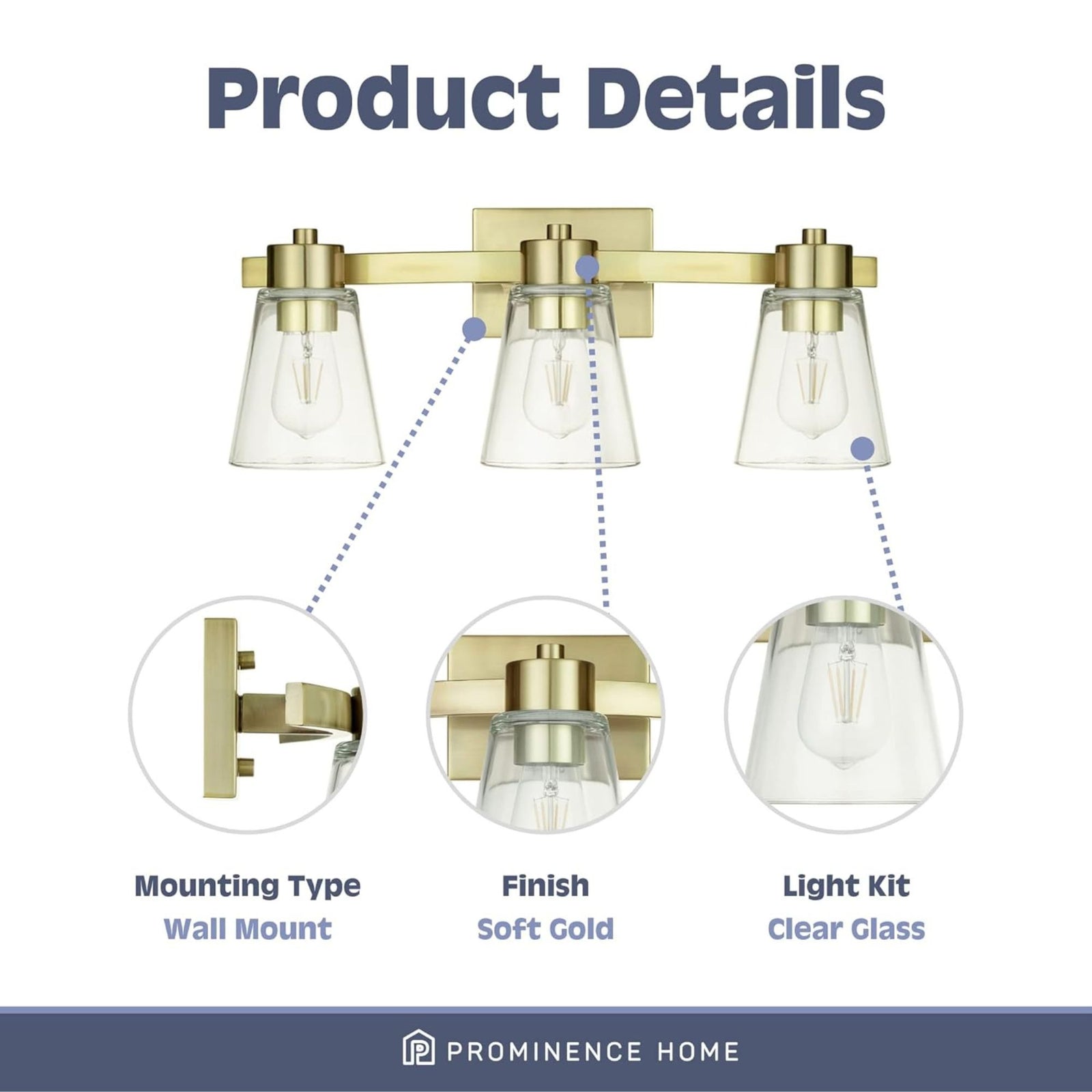 Prominence Home Fairendale 3 Light Bathroom Wall Vanity Light, Soft Gold - VMInnovations