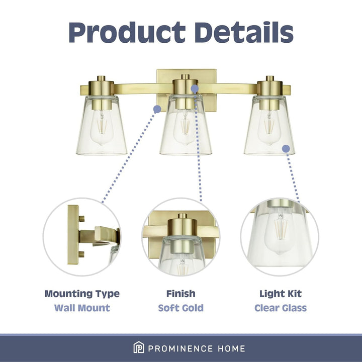 Prominence Home Fairendale 3 Light Bathroom Wall Vanity Light, Soft Gold