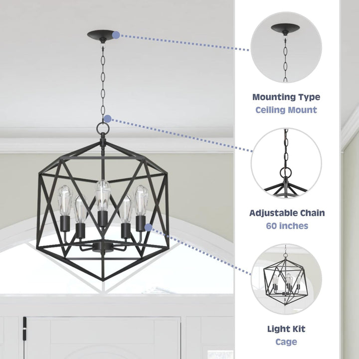 Prominence Home 5 Light Chandelier Pendant Lighting Fixture, Heleo, Matte Black