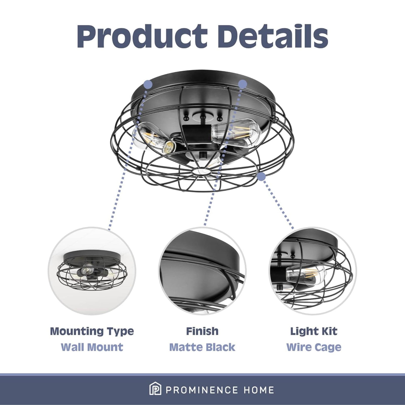 Prominence Home Lincoln Woods 15" Flush Ceiling Mount Light with Cage, Black - VMInnovations