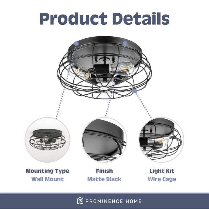 Prominence Home 2 Pack Lincoln Woods 15" Flush Ceiling Mount Light & Cage, Black