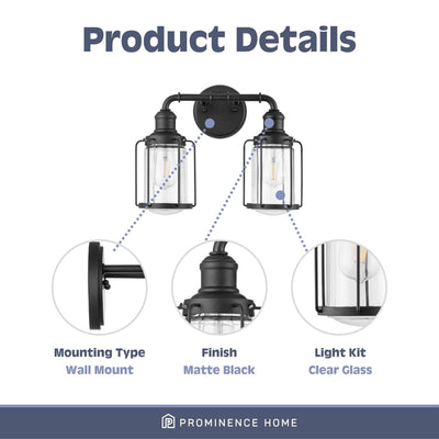 Prominence Home 2 Pack Lincoln Woods 2 Light Industrial Bath Vanity Light, Black