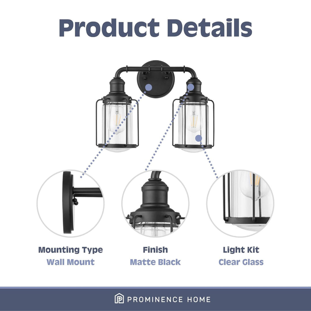 Prominence Home 2 Pack Lincoln Woods 2 Light Industrial Bath Vanity Light, Black
