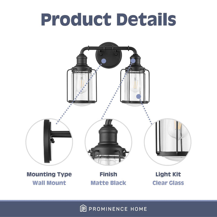 Prominence Home 2 Pack Lincoln Woods 2 Light Industrial Bath Vanity Light, Black
