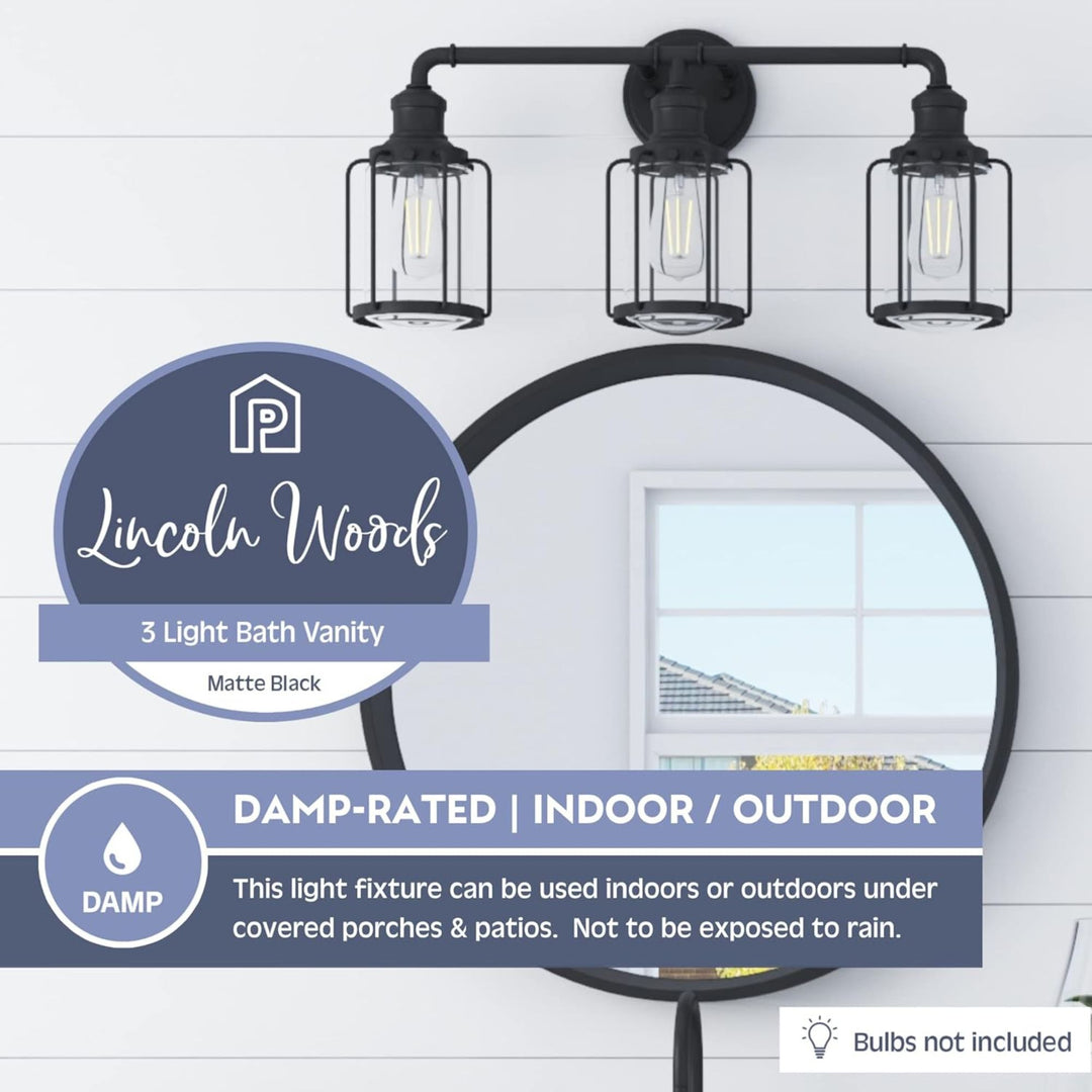Prominence Home Lincoln Woods 3 Light Industrial Bathroom Vanity Light, Black