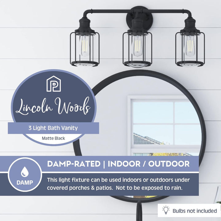 Prominence Home Lincoln Woods 3 Light Industrial Bathroom Vanity Light, Black