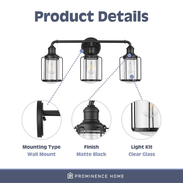 Prominence Home Lincoln Woods 3 Light Industrial Bathroom Vanity Light, Black