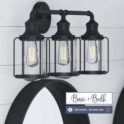 Prominence Home Lincoln Woods 3 Light Industrial Bathroom Vanity Light, Black - VMInnovations