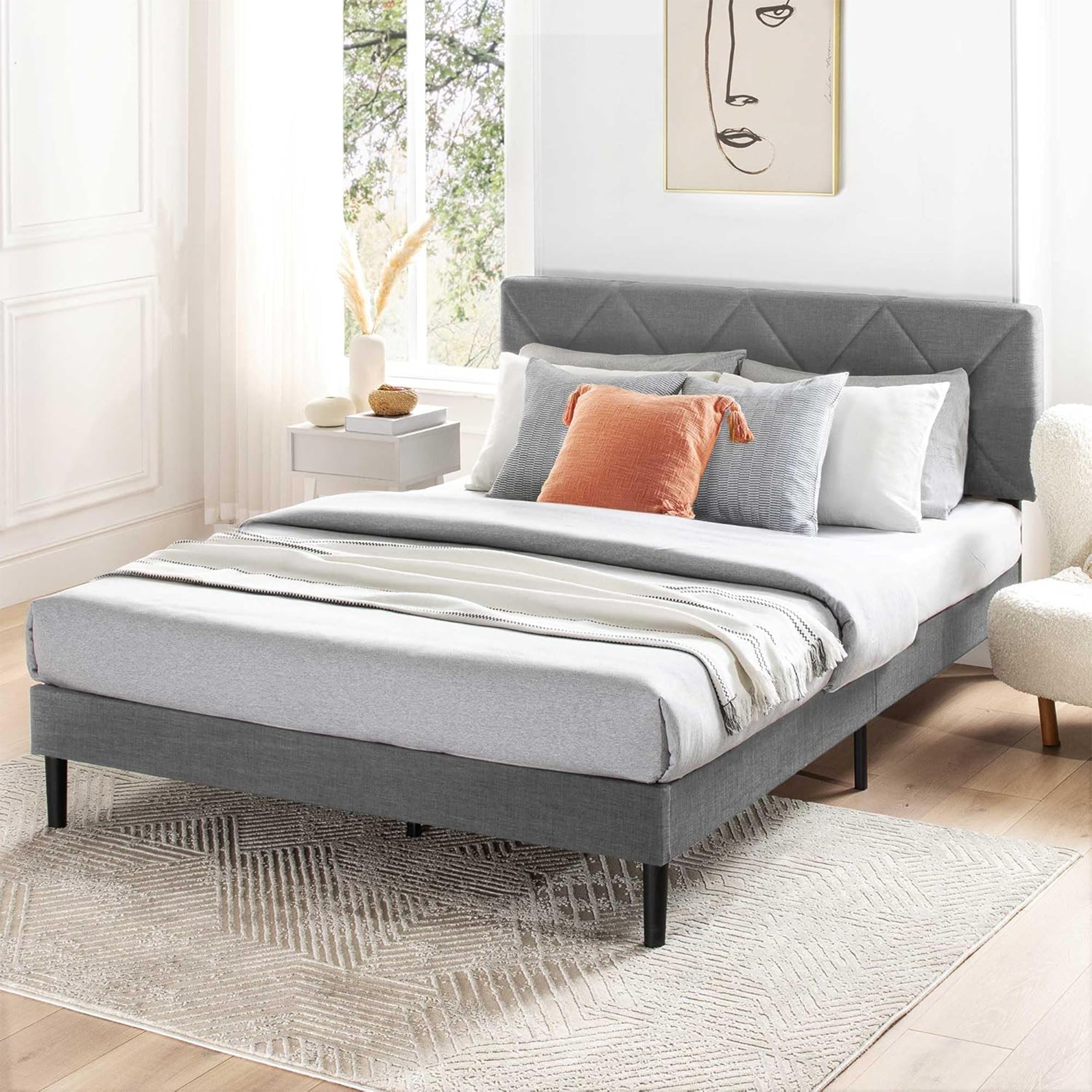 Mellow Olena Upholstered Platform Bed Frame with Diamond Tufted Headboard, Queen - VMInnovations