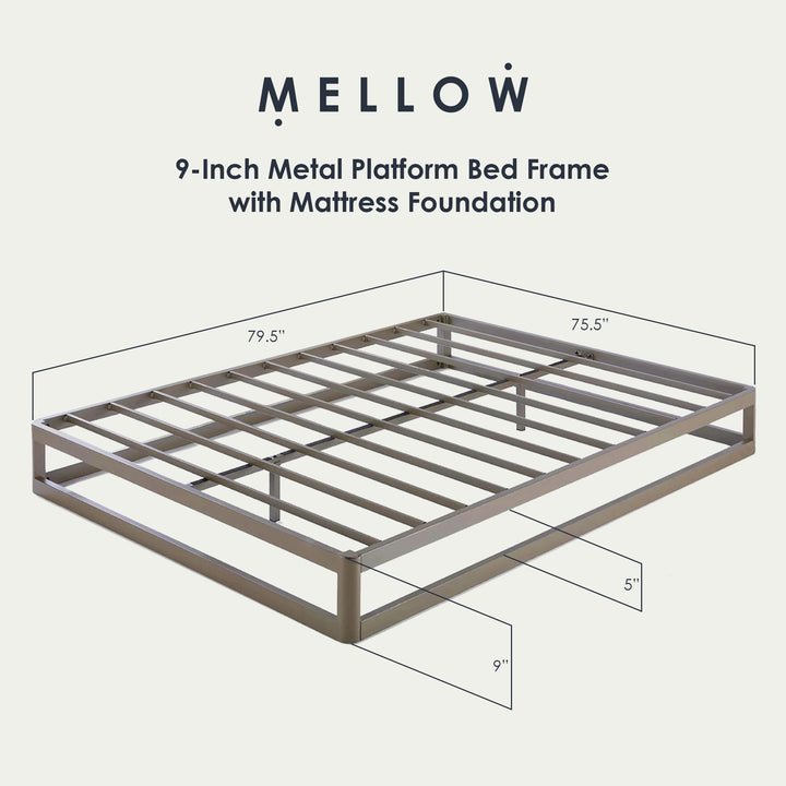 Mellow 9-Inch Metal Platform Bed Frame with Mattress Foundation, King, Gray
