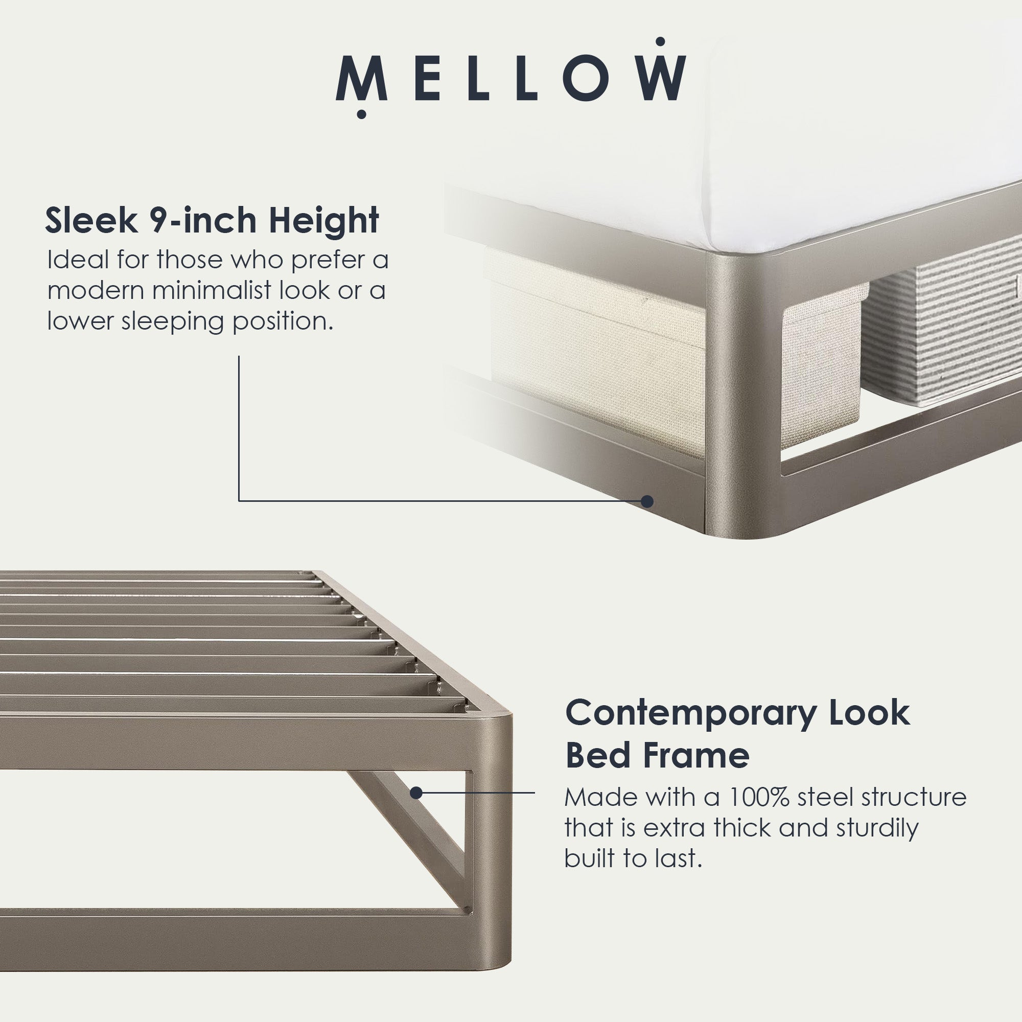 Mellow 9-Inch Metal Platform Bed Frame with Mattress Foundation, King, Gray - VMInnovations