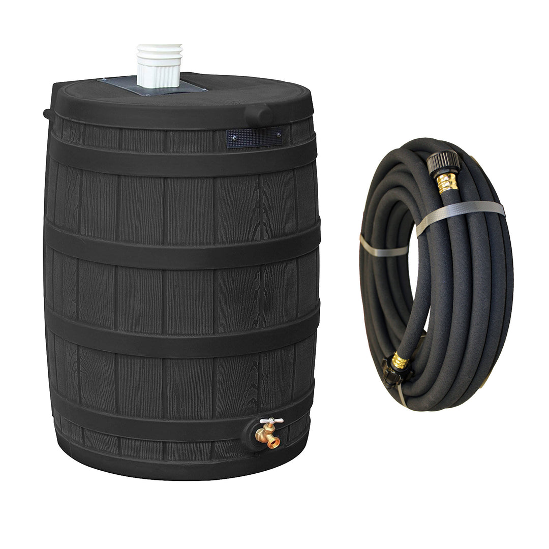 Good Ideas Rain Wizard 50 Gallon Plastic Rain Barrel, Black with 50' Soaker Hose