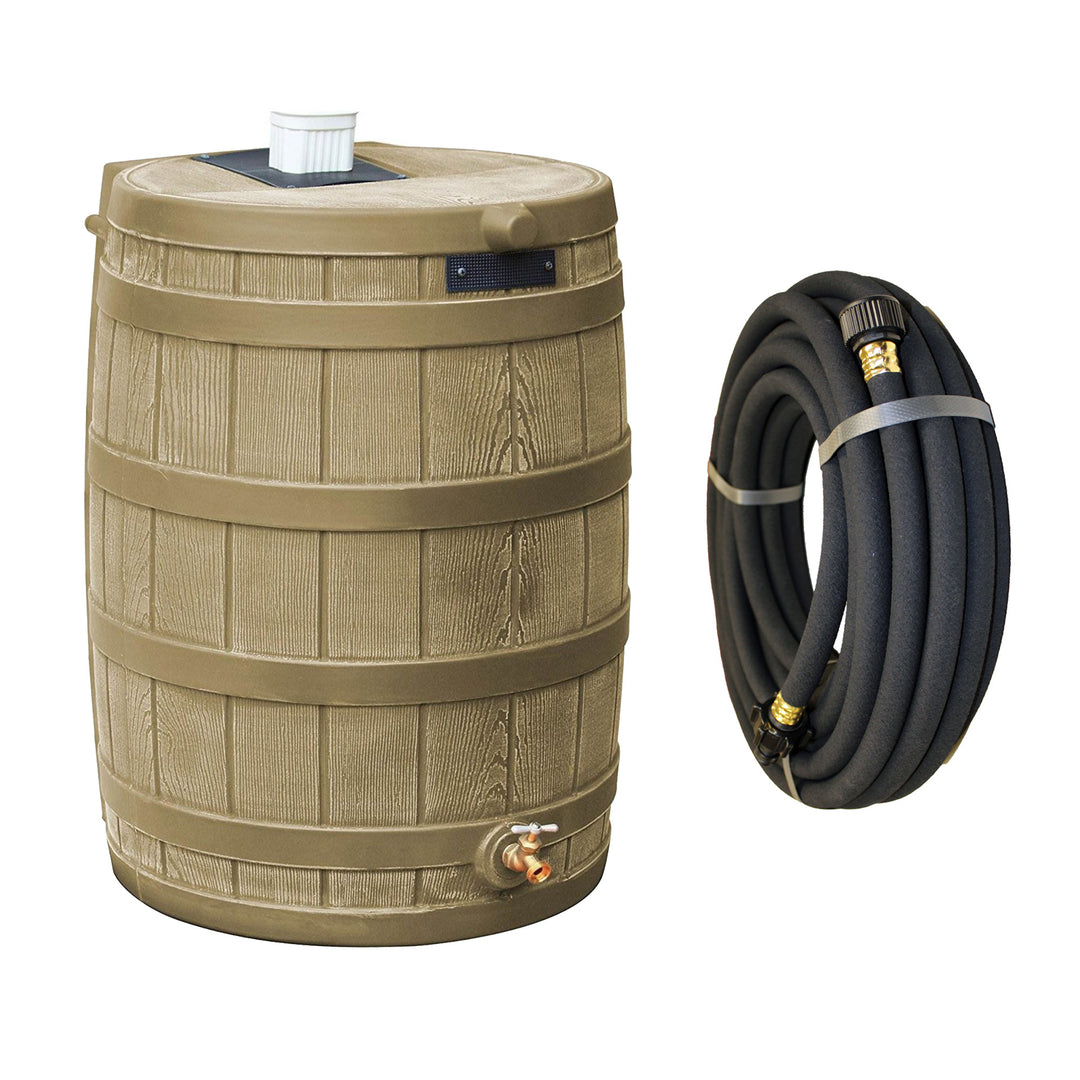 Good Ideas Rain Wizard 50 Gallon Plastic Rain Barrel, Khaki with 50' Soaker Hose