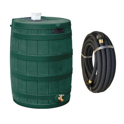 Good Ideas Rain Wizard 50 Gallon Plastic Rain Barrel, Green with 50' Soaker Hose - VMInnovations