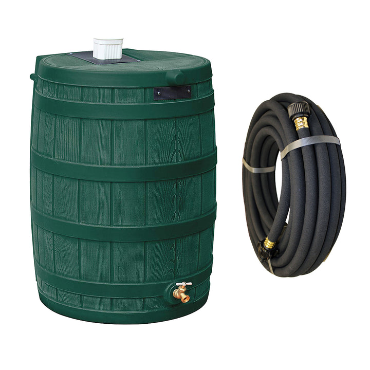 Good Ideas Rain Wizard 50 Gallon Plastic Rain Barrel, Green with 50' Soaker Hose