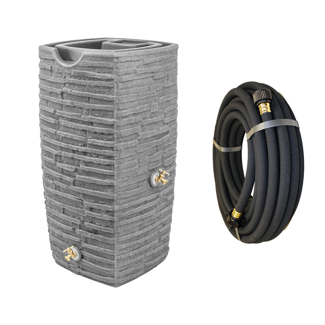 Good Ideas Impressions Riverwalk 50 Gallon Rain Barrel, Dark Granite & 50' Hose