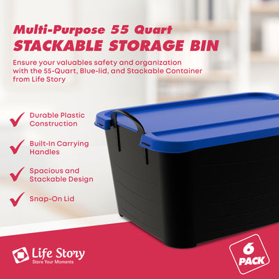 Life Story 55 Quart Stackable Storage Bin, Heavy Duty Lidded Container, 6 Pack - VMInnovations