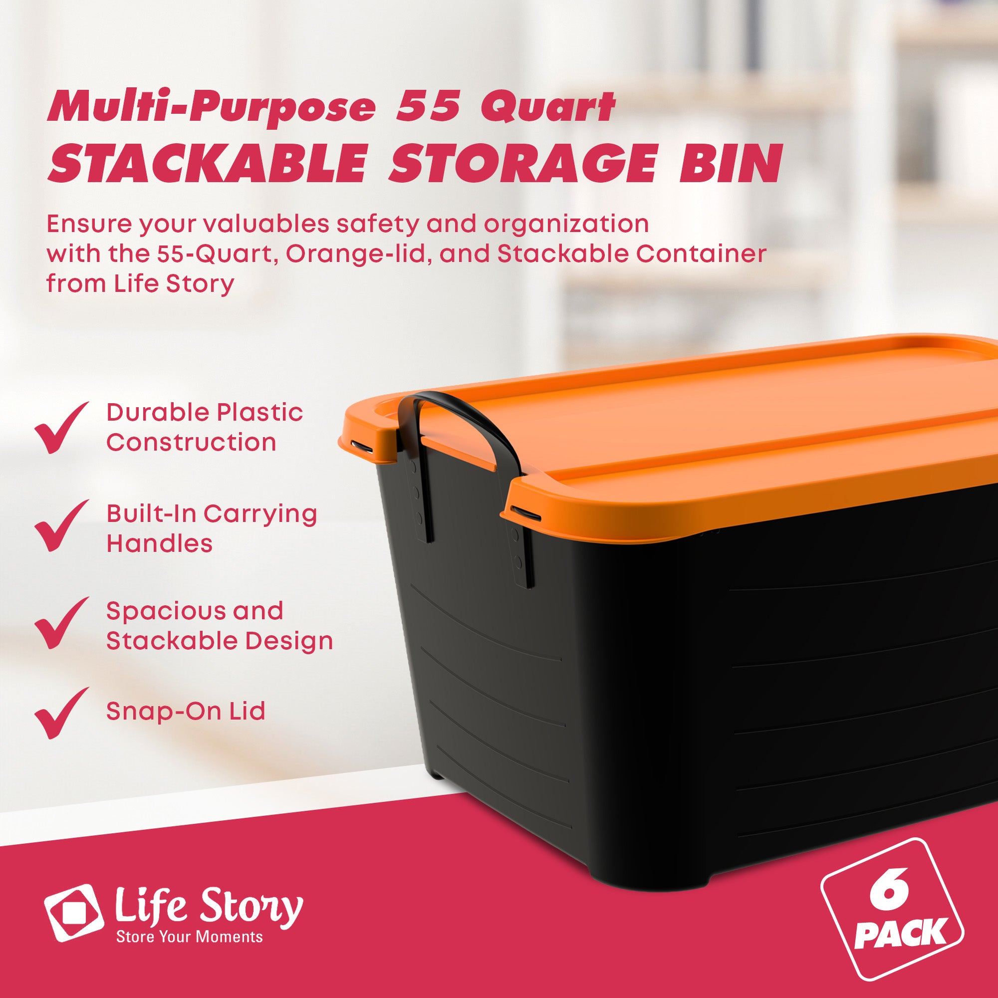 Life Story 55 Quart Stackable Storage Bin, Heavy Duty Lidded Container, 6 Pack - VMInnovations