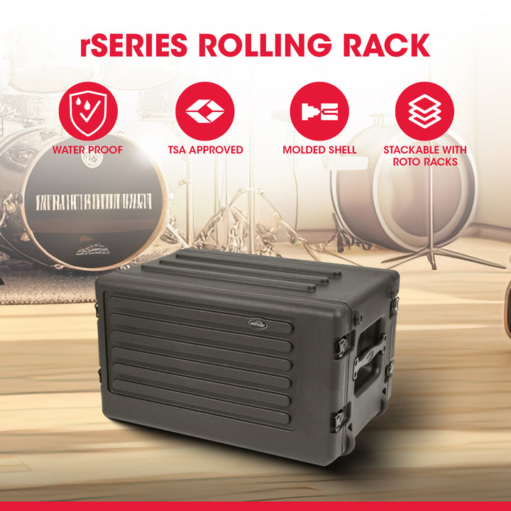 SKB 6U rSeries Shallow Rolling Rack with Integrated Back Wheels and Pull Handle