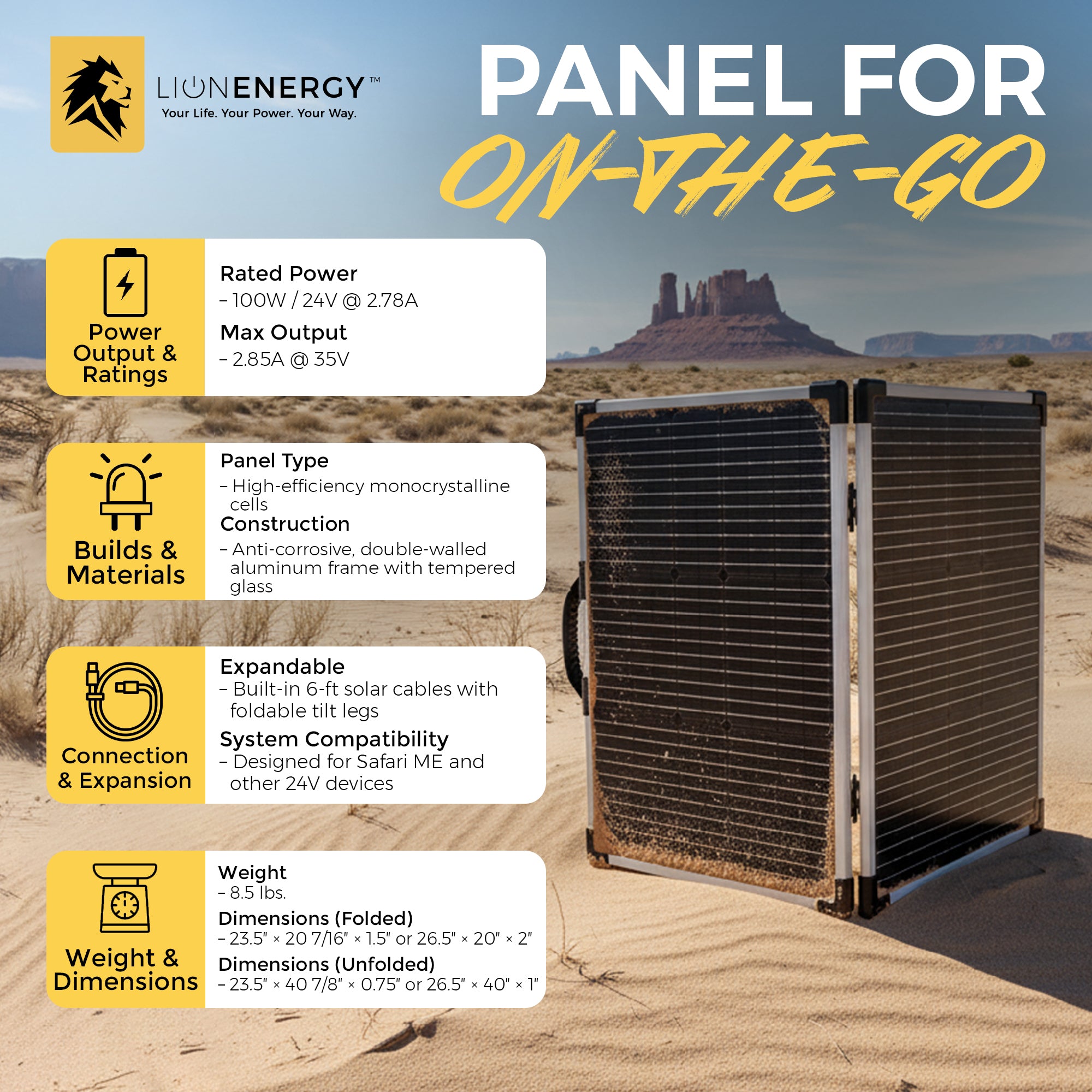 Lion Energy 100 Watt 24V Portable Solar Panel for RV, Outdoor Camping (Open Box) - VMInnovations