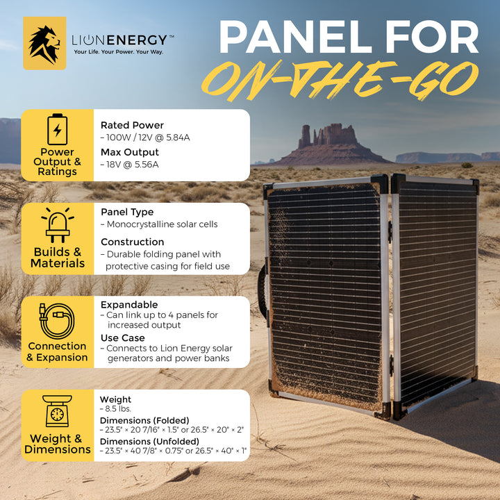 Lion Energy 100 Watt 12V Portable Solar Panel for RV, Outdoor Camping and Travel