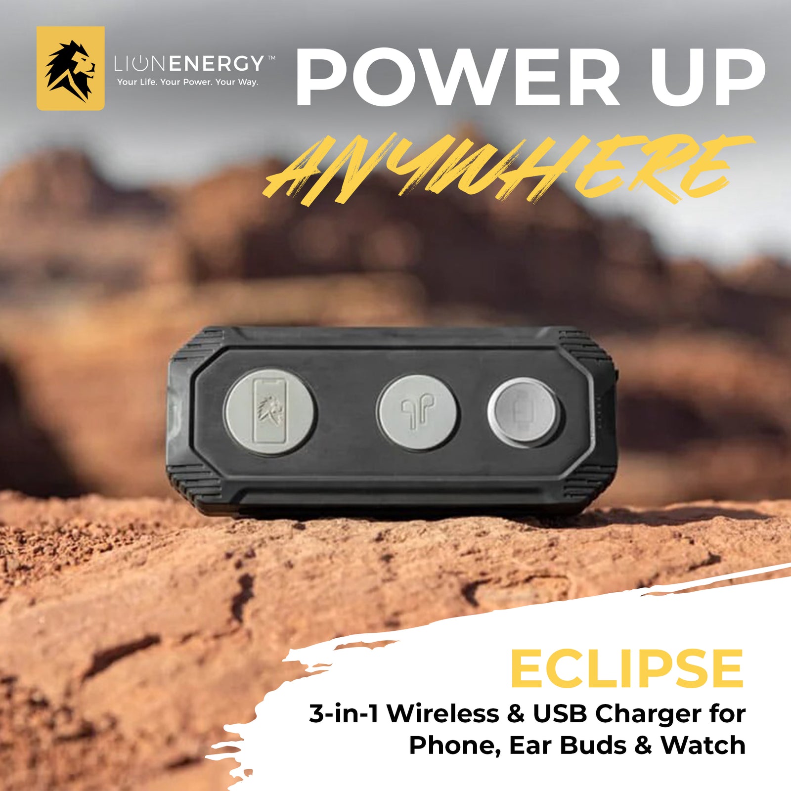 Lion Energy Eclipse 3-in-1 Wireless & USB Charger for Phone, Ear Buds & Watch - VMInnovations