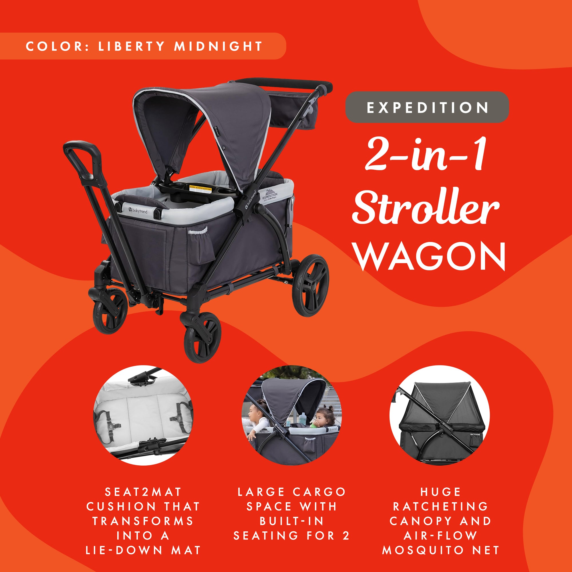 Baby Trend Expedition 2in1 Push/Pull Stroller Wagon w/ Canopy, Liberty Midnight - VMInnovations