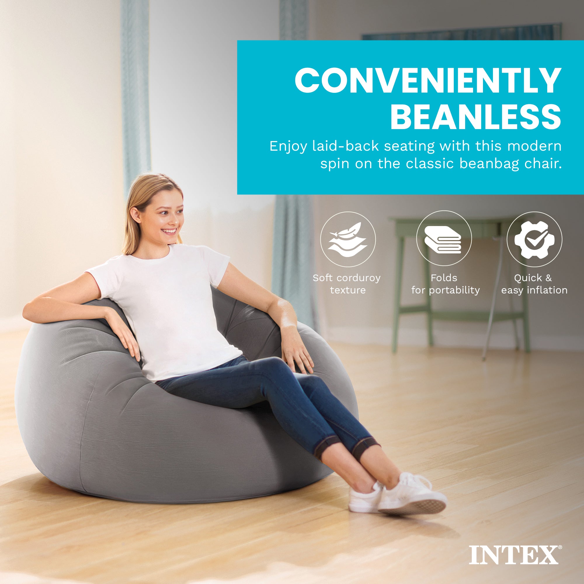 Intex Inflatable Lounge Beanless Lounger Bag Chair - Grey | 68579EP (Open Box)