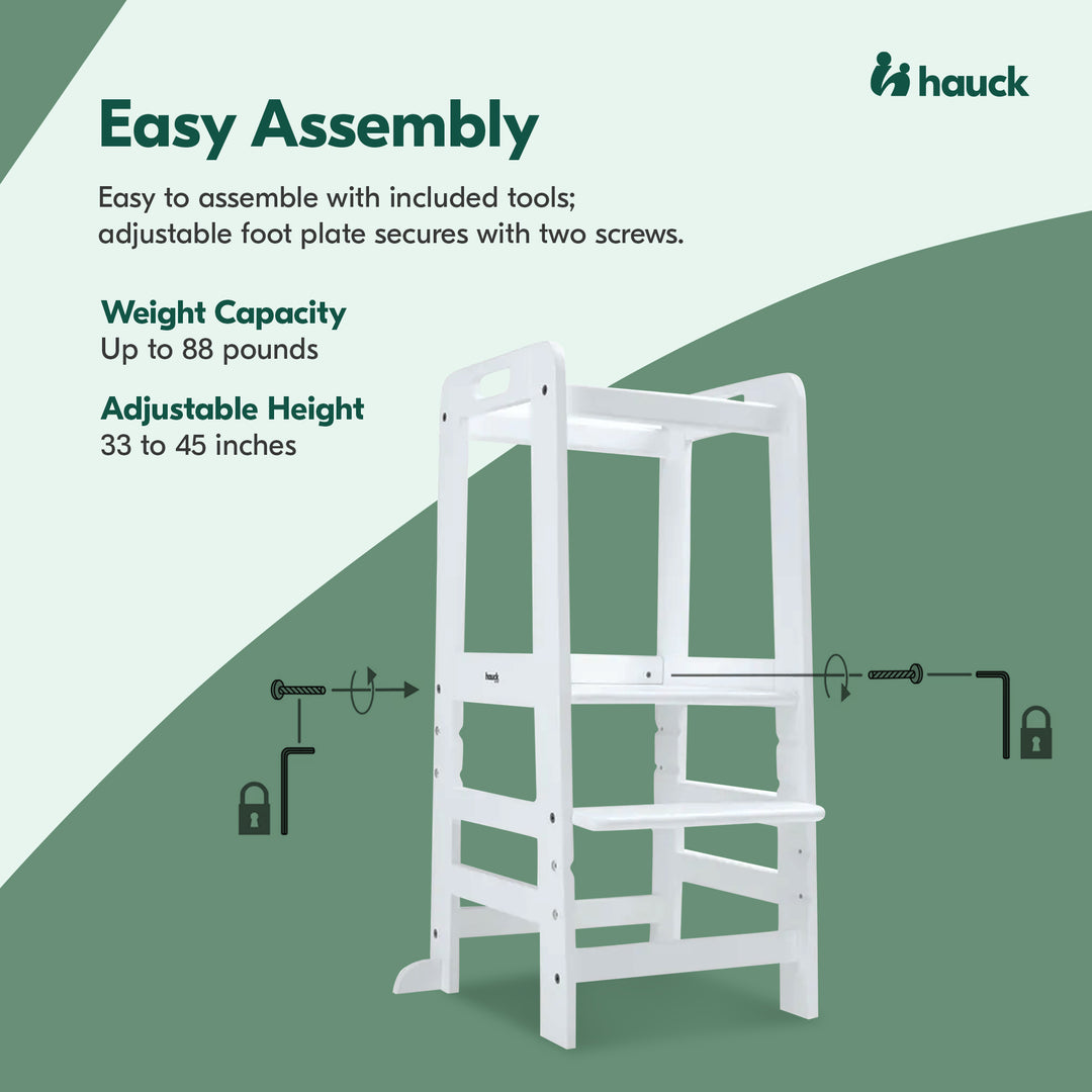 Hauck Learn N Explore Montessori Toddler Tower, Wooden Kitchen Stool, White - VMInnovations
