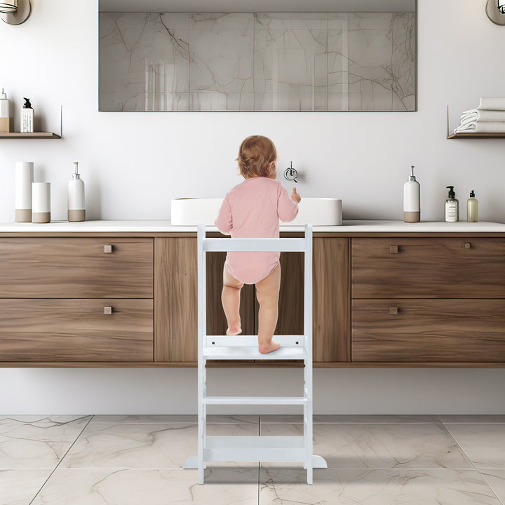 Hauck Learn N Explore Montessori Toddler Tower, Wooden Kitchen Stool, White - VMInnovations