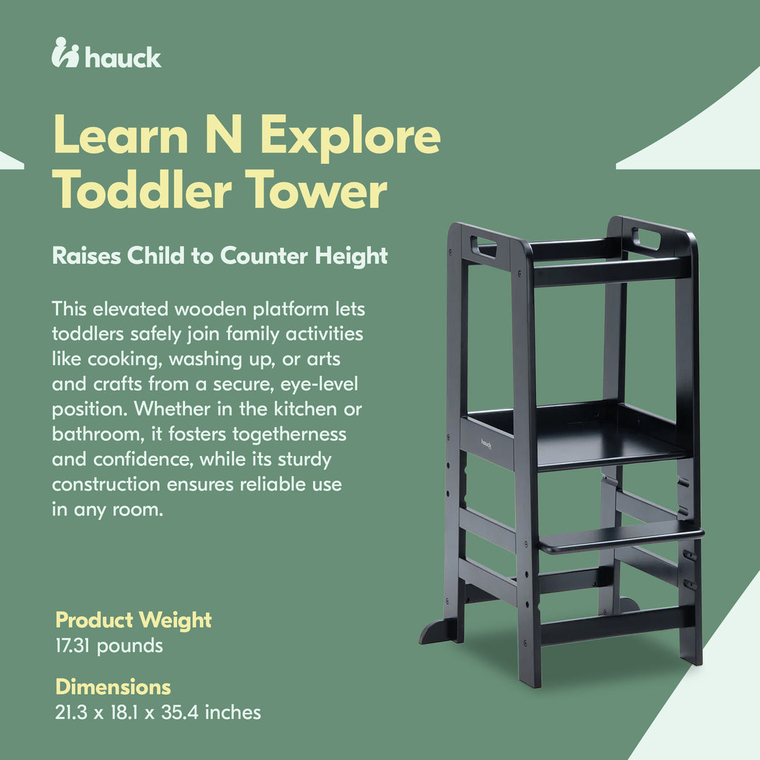 Hauck Learn N Explore Montessori Toddler Tower, Wooden Kitchen Stool, Black